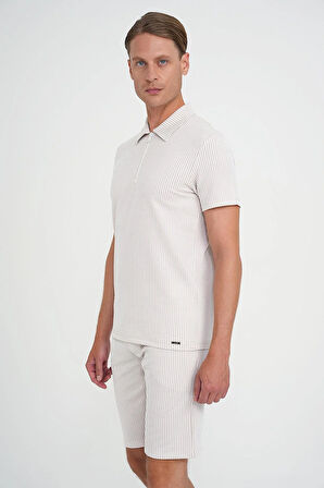 Comfort Fit Fermuarlı Polo Yaka Dikine Çizgili Kısa Kol Bej Tişört Ts 906
