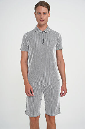 Comfort Fit Bağcıklı Bel Çizgili Pamuk Casuel Siyah Şort Bermuda 038 