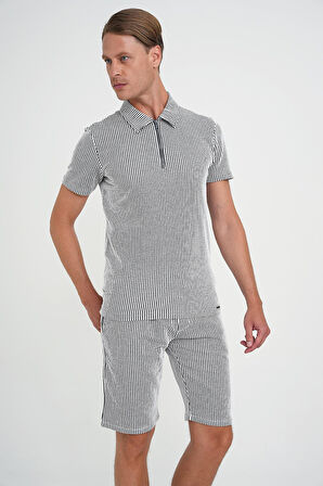 Comfort Fit Bağcıklı Bel Çizgili Pamuk Casuel Siyah Şort Bermuda 038 