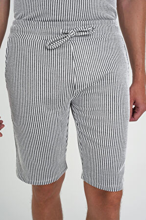 Comfort Fit Bağcıklı Bel Çizgili Pamuk Casuel Siyah Şort Bermuda 038 