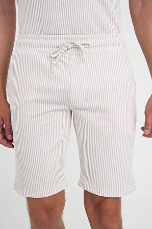 Comfort Fit Bağcıklı Bel Çizgili Pamuk Casuel Bej Şort Bermuda 038 