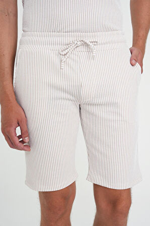 Comfort Fit Bağcıklı Bel Çizgili Pamuk Casuel Bej Şort Bermuda 038 