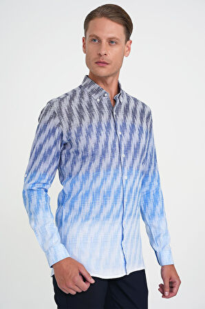 Comfort Fit Pano Desen Düğme Yaka %100 Keten Mavi Gömlek G 1594