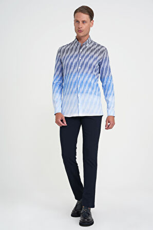 Comfort Fit Pano Desen Düğme Yaka %100 Keten Mavi Gömlek G 1594