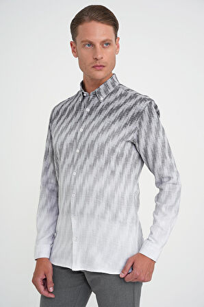 Comfort Fit Pano Desen Düğme Yaka %100 Keten Gri Gömlek G 1594