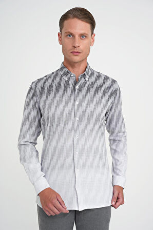 Comfort Fit Pano Desen Düğme Yaka %100 Keten Gri Gömlek G 1594