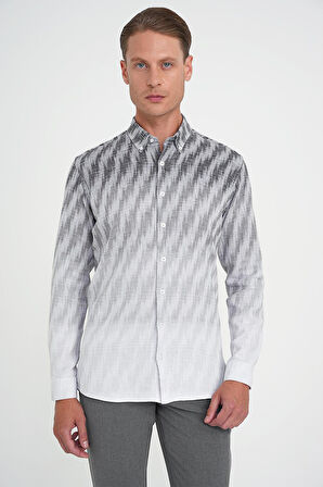 Comfort Fit Pano Desen Düğme Yaka %100 Keten Gri Gömlek G 1594