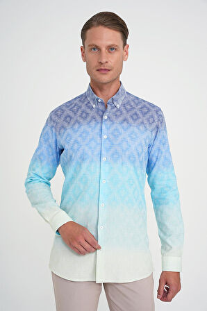 Comfort Fit Pano Desen Düğme Yaka %100 Keten Turkuaz Gömlek G 1593