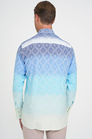 Comfort Fit Pano Desen Düğme Yaka %100 Keten Turkuaz Gömlek G 1593