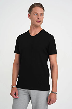 Comfort Fit V Yaka Esnek Pamuk Düz Kısa Kol Siyah Tişört Ts 907