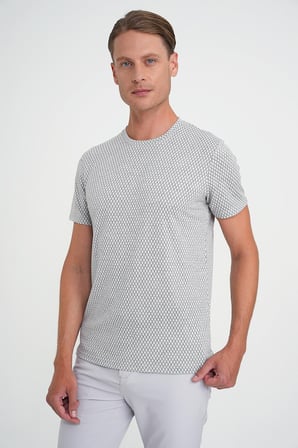Comfort Fit Bisiklet Yaka Baklava Desen Kısa Kol Gri Tişört Ts 908