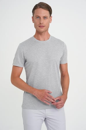 Comfort Fit Bisiklet Yaka Baklava Desen Kısa Kol Gri Tişört Ts 908