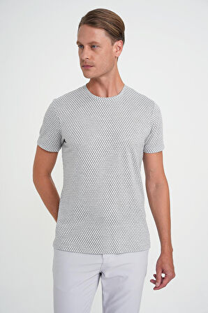 Comfort Fit Bisiklet Yaka Baklava Desen Kısa Kol Gri Tişört Ts 908