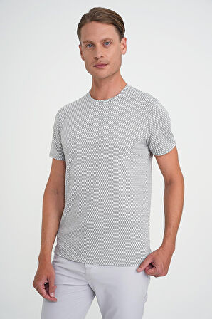 Comfort Fit Bisiklet Yaka Baklava Desen Kısa Kol Gri Tişört Ts 908
