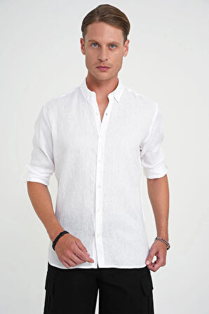 Comfort Fit Düğme Yaka Katlanır Kol %100 Keten Düz Beyaz Gömlek G 1595