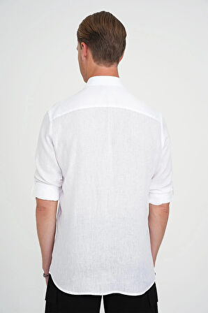 Comfort Fit Düğme Yaka Katlanır Kol %100 Keten Düz Beyaz Gömlek G 1595