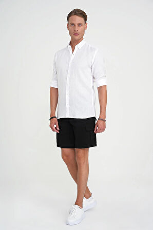 Comfort Fit Düğme Yaka Katlanır Kol %100 Keten Düz Beyaz Gömlek G 1595