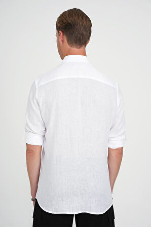 Comfort Fit Düğme Yaka Katlanır Kol %100 Keten Düz Beyaz Gömlek G 1595