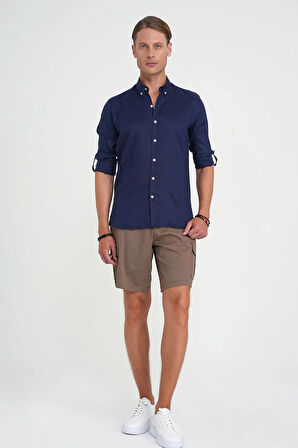 Comfort Fit Düğme Yaka Katlanır Kol %100 Keten Düz Lacivert Gömlek G 1595