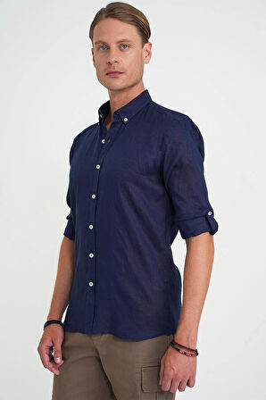 Comfort Fit Düğme Yaka Katlanır Kol %100 Keten Düz Lacivert Gömlek G 1595