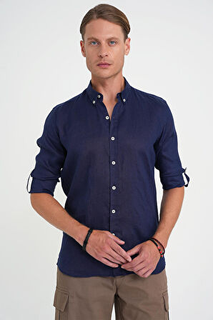 Comfort Fit Düğme Yaka Katlanır Kol %100 Keten Düz Lacivert Gömlek G 1595