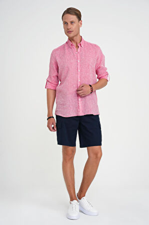 Comfort Fit Düğme Yaka Katlanır Kol %100 Keten Düz Mercan Gömlek G 1595