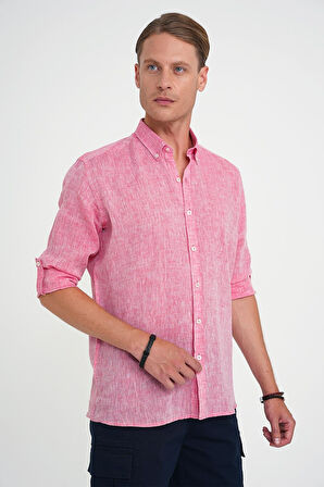 Comfort Fit Düğme Yaka Katlanır Kol %100 Keten Düz Mercan Gömlek G 1595