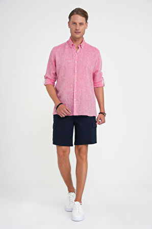 Comfort Fit Düğme Yaka Katlanır Kol %100 Keten Düz Mercan Gömlek G 1595