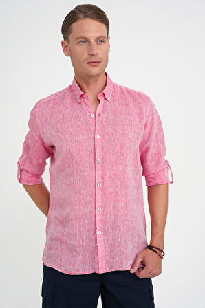 Comfort Fit Düğme Yaka Katlanır Kol %100 Keten Düz Mercan Gömlek G 1595