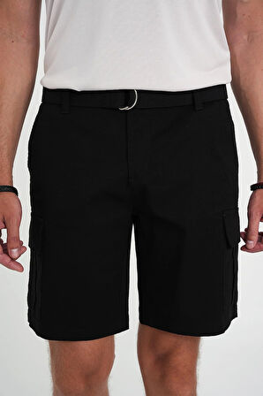 Comfort Fit Beli Kemerli Kargo Cep Pamuk Casuel Siyah Şort Bermuda 039 