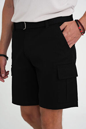 Comfort Fit Beli Kemerli Kargo Cep Pamuk Casuel Siyah Şort Bermuda 039 