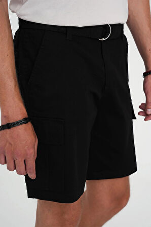 Comfort Fit Beli Kemerli Kargo Cep Pamuk Casuel Siyah Şort Bermuda 039 