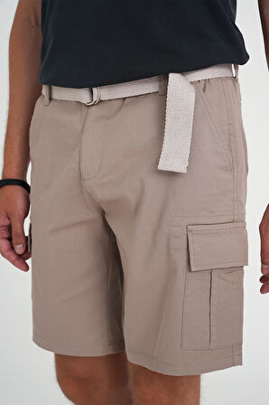 Comfort Fit Beli Kemerli Kargo Cep Pamuk Casuel Bej Şort Bermuda 039 