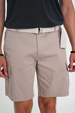Comfort Fit Beli Kemerli Kargo Cep Pamuk Casuel Bej Şort Bermuda 039 