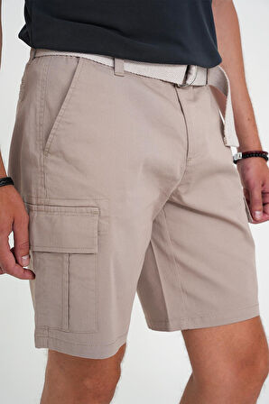 Comfort Fit Beli Kemerli Kargo Cep Pamuk Casuel Bej Şort Bermuda 039 