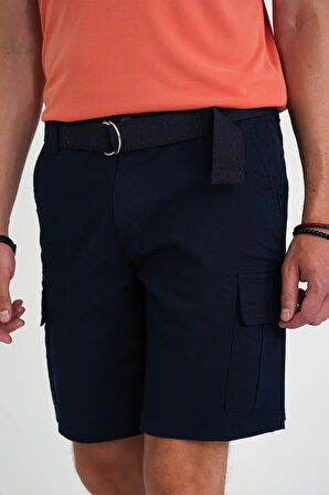 Comfort Fit Beli Kemerli Kargo Cep Pamuk Casuel Lacivert Şort Bermuda 039 