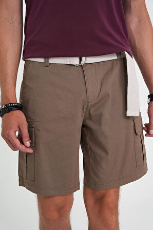 Comfort Fit Beli Kemerli Kargo Cep Pamuk Casuel Toprak Şort Bermuda 039 