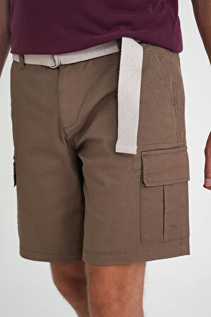 Comfort Fit Beli Kemerli Kargo Cep Pamuk Casuel Toprak Şort Bermuda 039 