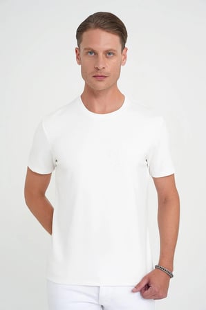 Comfort Fit Bisiklet Yaka Nakışlı Kısa Kol Ekru Pamuk Tişört Ts 910
