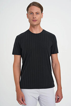 Comfort Fit Bisiklet Yaka Fitilli Kısa Kol Siyah Tişört Ts 909