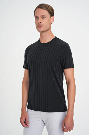 Comfort Fit Bisiklet Yaka Fitilli Kısa Kol Siyah Tişört Ts 909