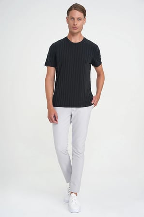 Comfort Fit Bisiklet Yaka Fitilli Kısa Kol Siyah Tişört Ts 909