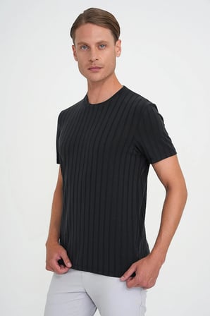Comfort Fit Bisiklet Yaka Fitilli Kısa Kol Siyah Tişört Ts 909