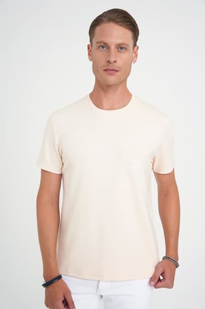 Comfort Fit Bisiklet Yaka Nakışlı Kısa Kol Açık Krem Pamuk Tişört Ts 910