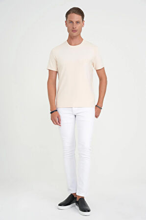 Comfort Fit Bisiklet Yaka Nakışlı Kısa Kol Açık Krem Pamuk Tişört Ts 910