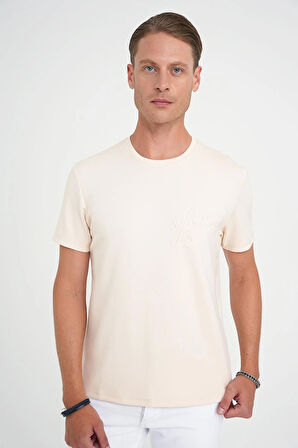 Comfort Fit Bisiklet Yaka Nakışlı Kısa Kol Açık Krem Pamuk Tişört Ts 910