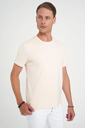 Comfort Fit Bisiklet Yaka Nakışlı Kısa Kol Açık Krem Pamuk Tişört Ts 910