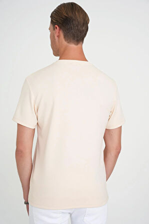 Comfort Fit Bisiklet Yaka Nakışlı Kısa Kol Açık Krem Pamuk Tişört Ts 910