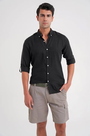 Comfort Fit Düğme Yaka Katlanır Kol %100 Keten Düz Siyah Gömlek G 1595