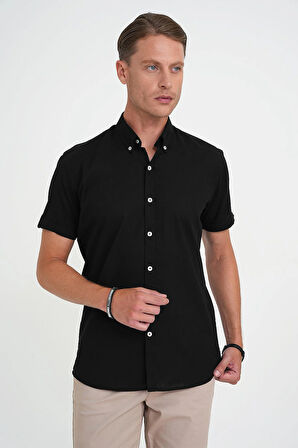 Comfort Fit Düğme Yaka Kısa Kol %100 Keten Düz Siyah Gömlek G 1595